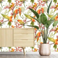 Tropical Parrot And Floral Wallpaper