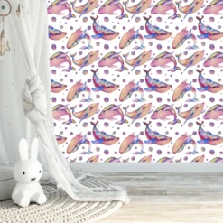 Pink Watercolour Whales Wallpaper