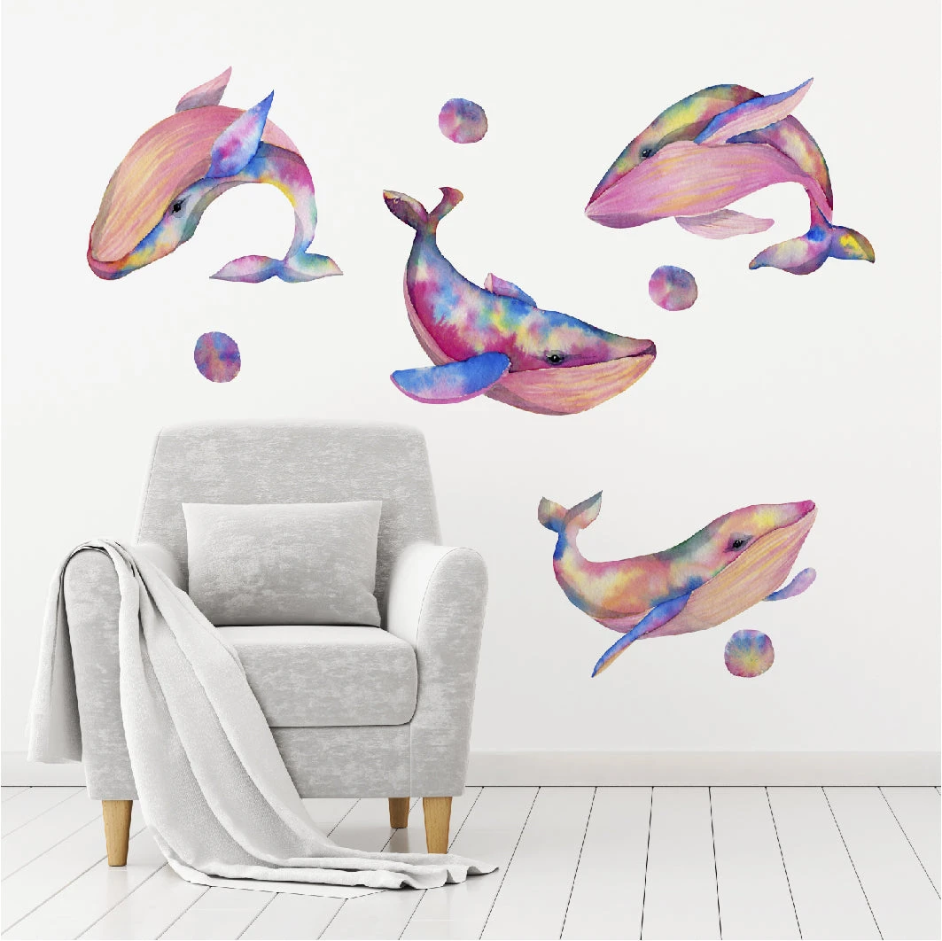 Pink Watercolour Whales Wall Decal Set